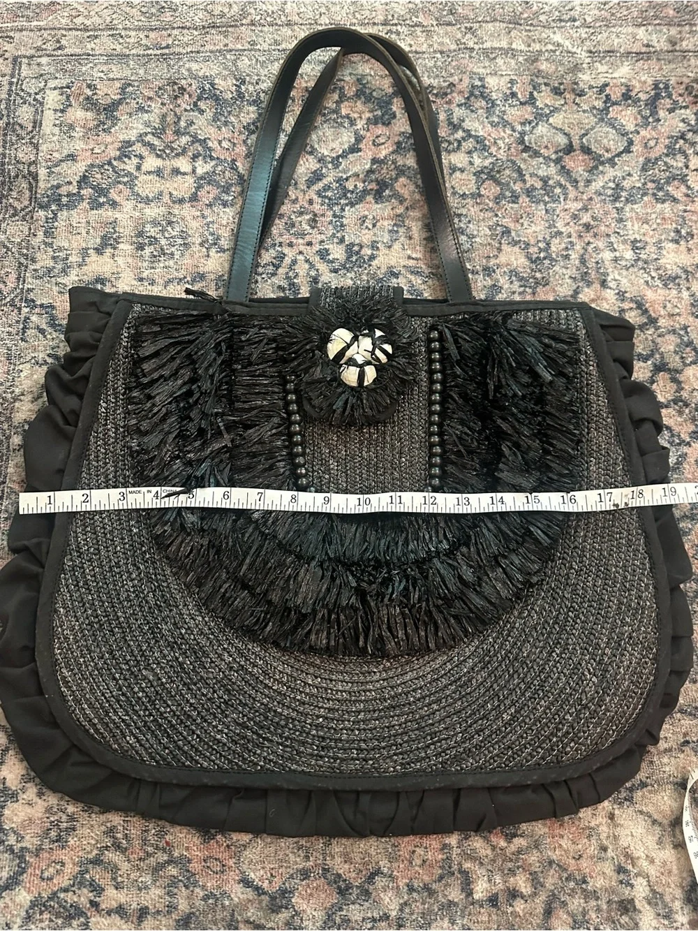 Felix Rey Black Fringe Straw Tote with Seashell Closure beach bag/tote bag
